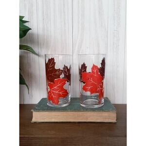 Vintage Juice Glasses with Brown and Red Leaves Set of 2
